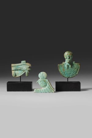 THREE BLUE GREEN FAIENCE AMULETS