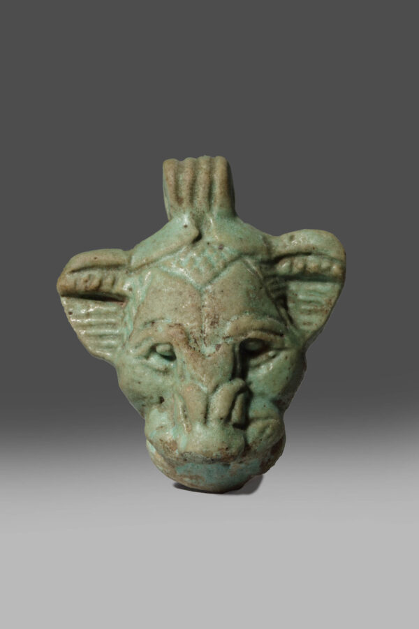 BLUE GREEN FAIENCE LION’S FACE PENDANT