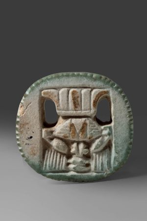 BLUISH FAIENCE SERRATED ROUNDEL OF GOD BES